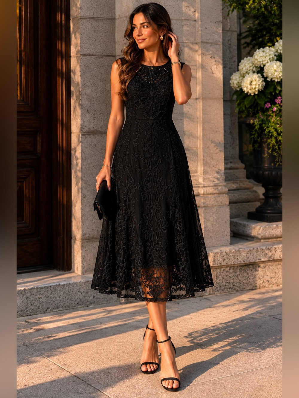 BNWOT Cartise Embroidered Black Midi Dress Beaded Neckline Sheer Overlay Vintage